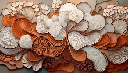 symbolic pattern for textile series biological abstraction floating lucidity subdued copper and cloud white folded tension ghost outlines cutout layering mask stencil industrial