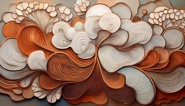 symbolic pattern for textile series biological abstraction floating lucidity subdued copper and cloud white folded tension ghost outlines cutout layering mask stencil industrial