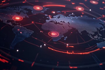 Visual representation of a global network map highlighting connections and data flow across continents in a dark and digital style