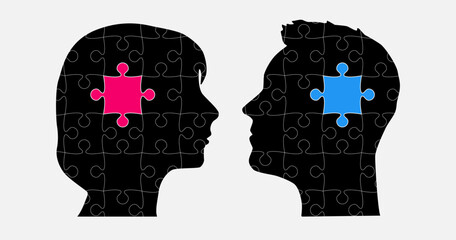 Head woman and man made puzzle pieces, brain, idea