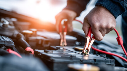 Technician testing a car battery with jumper cables in a repair workshop