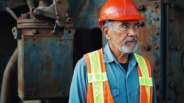 Senior construction worker in safety gear stands confidently at a job site with machinery in background