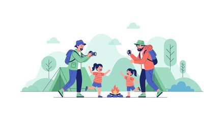Family camping trip with children enjoying nature and storytelling around a campfire