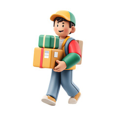 Happy delivery person carrying a stack of packages