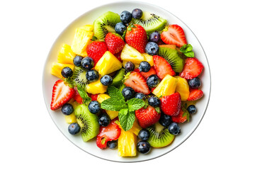 Vibrant fresh fruit salad bursting with strawberries, blueberries, kiwi, and pineapple isolated on transparent background