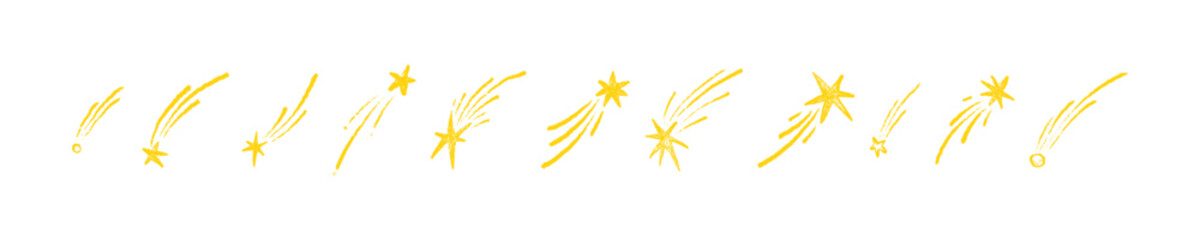 Set of hand drawn crayon shooting star, meteor, comet, asteroid. Cute kid doodle childish scribbles. Falling flying stars. Chalk, pastel school children drawing on blackboard. Space, cosmic background