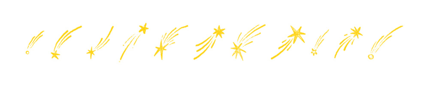 Set of hand drawn crayon shooting star, meteor, comet, asteroid. Cute kid doodle childish scribbles. Falling flying stars. Chalk, pastel school children drawing on blackboard. Space, cosmic background