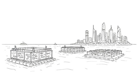 Naklejka premium Modern aquaculture near futuristic city skyline in line art style