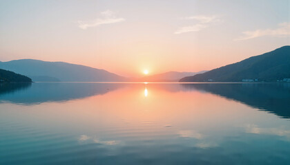 Fototapeta premium Serene sunrise over tranquil lake reflecting pastel hues, nature's peace