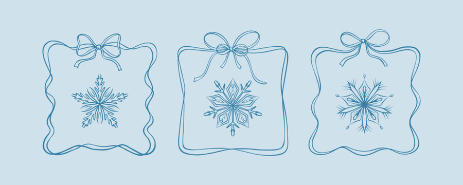 Set of coquettish hand drawn doodle square bow ribbon frames and cute sketch snow flakes. Design elements for Christmas greeting cards, New year and bachelorette party invitations, restaurant menu