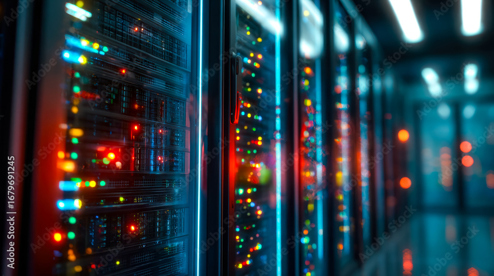 Poster modern data center with illuminated server racks and colorful led indicators