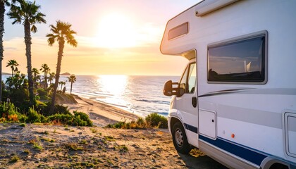Coastal van parked seaside at sunset