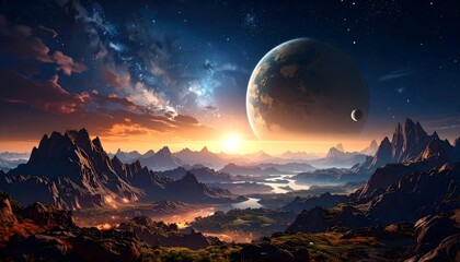 Cosmic landscape with planetary sunrise.