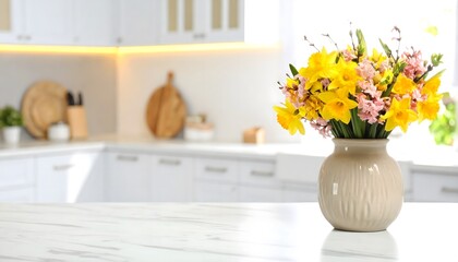 Daffodils in a vase on marble counter