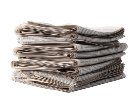 A neat stack of folded newspapers with visible page edges and neutral tones, isolated on transparent background.