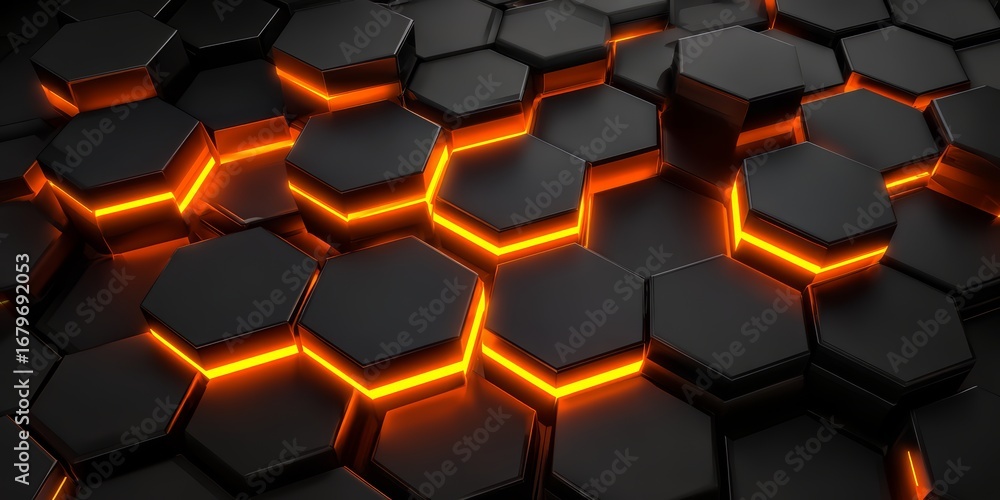 Poster black and orange background with a pattern of hexagons. the hexagons are lit up with orange lights