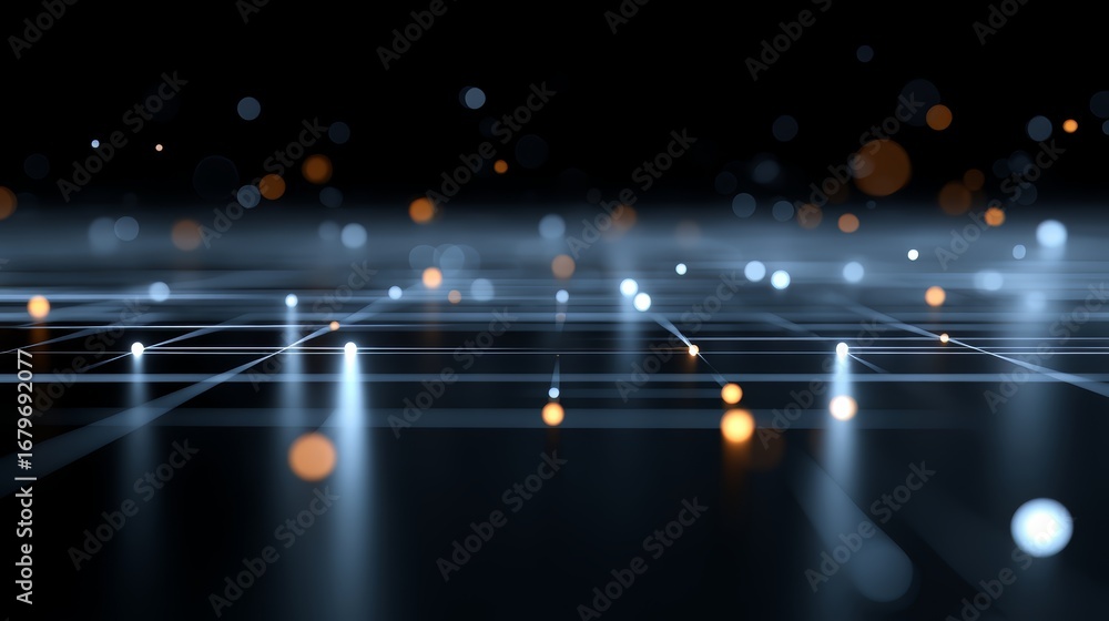 Poster black and white image of a grid of dots with some orange dots. the image has a futuristic and abstra