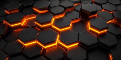 Black and orange background with a pattern of hexagons. The hexagons are lit up with orange lights