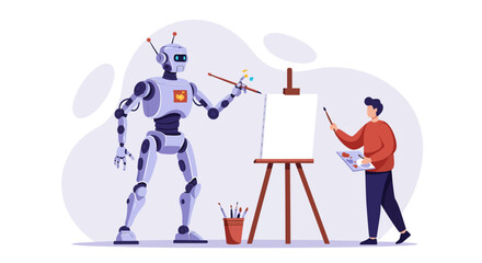 Obraz premium Human and robot collaborating on art creation with easel and paintbrushes