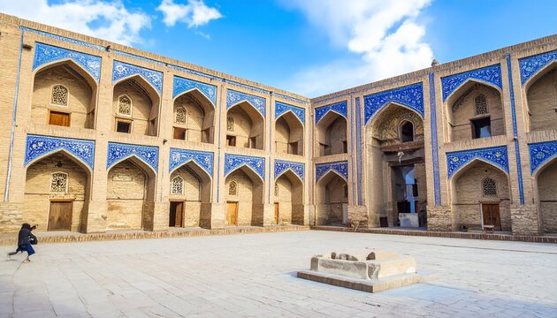 “Historic Islamic corridor with wooden columns, ornate ceiling, arched tilework doorways, and sunlit courtyard”