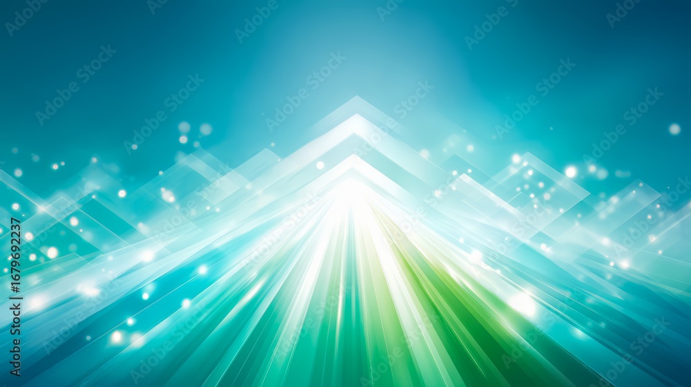 Poster blue and green background with a white arrow pointing upwards. the image has a futuristic and abstra