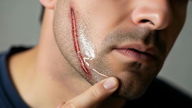 Young man applies healing ointment to a cheek wound at home during the afternoon