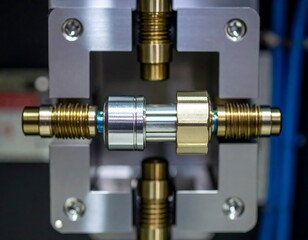 Close-up of precision metal components in a testing fixture