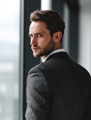 confident young professional in business suit looking back with assured expression in modern office