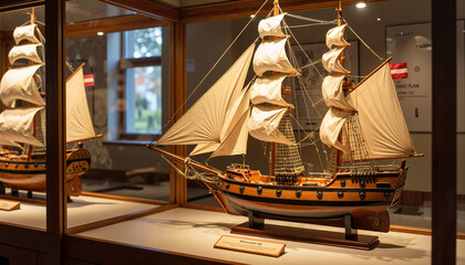 Traditional ship model display in museum setting, Columbus Day tribute