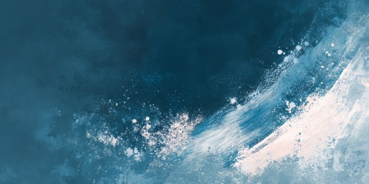 Blue and white ocean wave with white splashes of paint. The splashes of paint give the impression of movement