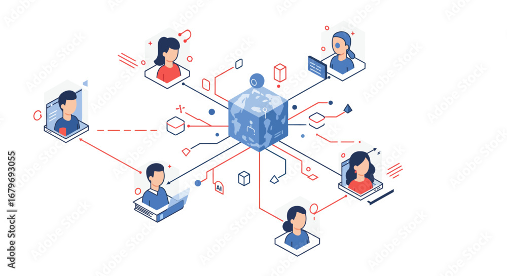 Poster isometric network of remote team communication and collaboration in virtual workspace