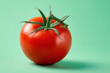 Vibrant Single Tomato Against a Soft Mint Green Background.
