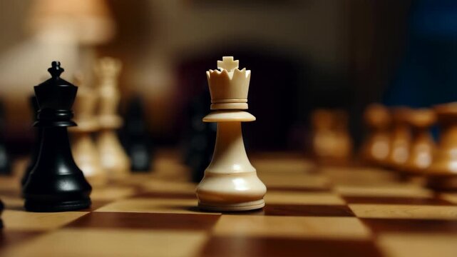 Dynamic chess sequence: captivating closeup of queen's strategic movement