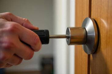 Fototapeta premium Locksmith repairing door lock with screwdriver. Male hand with screwdriver fixing door lock. Concept of locksmith service, repair, installation and security.