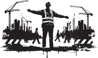 Construction supervisor directing pedestrian traffic around urba