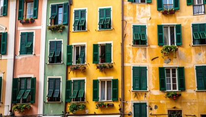 Vibrant row of colorful houses with green and yellow facades, charming shutters, flower boxes, and striped curtain in a picturesque setting.