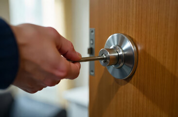 Fototapeta premium Close-up of locksmith’s hand fixing lock mechanism in wooden door with screwdriver. Concept of repair, installation and home security.