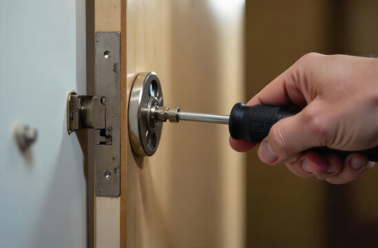 Close-up of man’s hand repairing door lock with screwdriver. Concept of security, repair, lock installation and locksmith services.