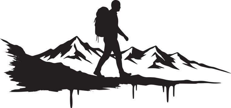 Silhouette of a hiker with backpack against a mountain backdrop