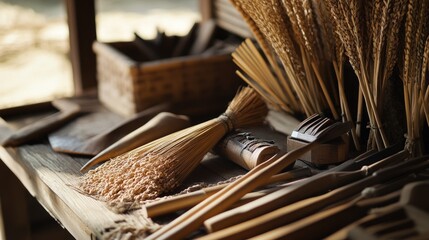 Rustic arrangement of wheat stalks, wooden tools and basket showcasing traditional crafts