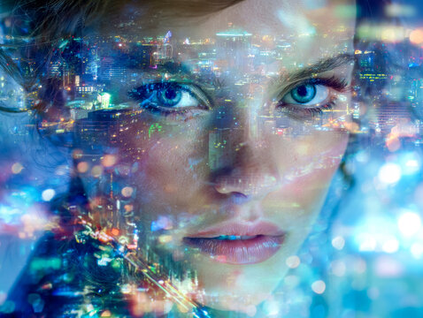 Futuristic cityscape overlay on a woman's face with captivating blue eyes