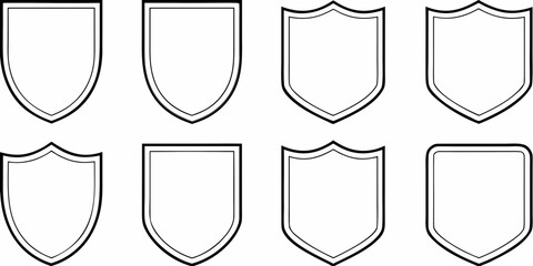 Collection of eight diverse shield outlines in a clean black and white graphic design