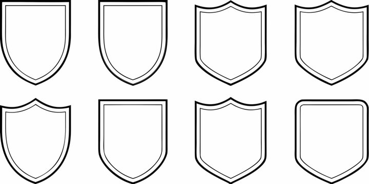 Collection of eight diverse shield outlines in a clean black and white graphic design