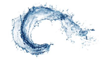 A crescent-shaped water splash with blue tones, droplets and foam in frozen motion, isolated on transparent background.
