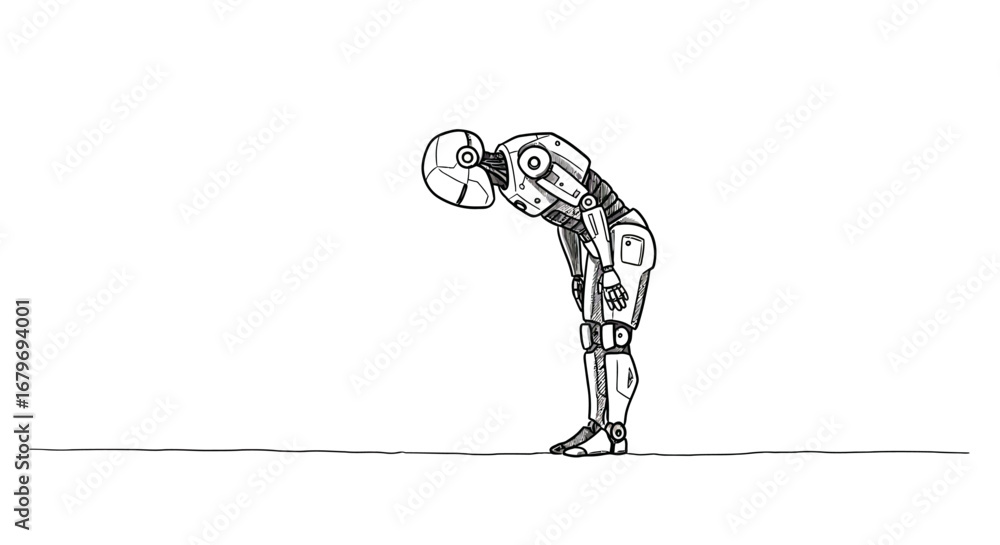 Poster minimalist line art of bending robot in futuristic tech pose