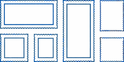 Collection of decorative blue postage stamp frames in various sizes and orientations