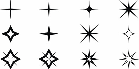 Collection of twelve black starburst and sparkle icons on a white background