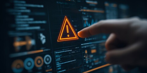 Hand is pointing at a red and yellow warning sign on a computer screen. The sign is in the middle of the screen