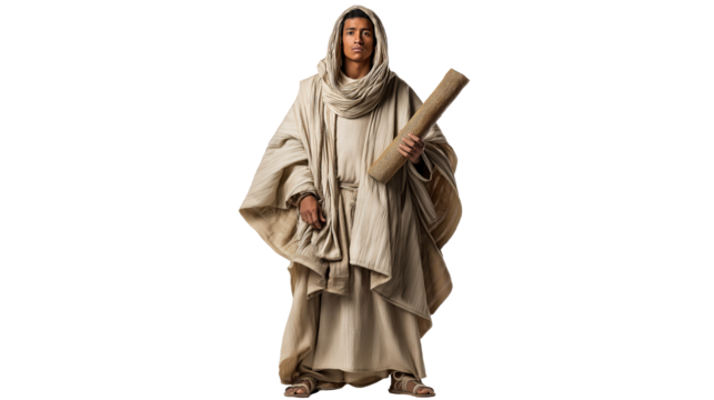 Esau full body standing on transparent background. Biblical Old Testament figure in simple robe and sandals, isolated for Christian resources, teaching, and design use.