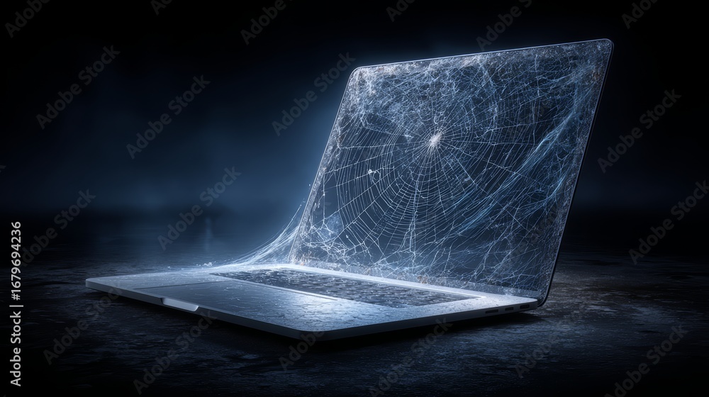 Aufkleber laptop with a spider web pattern on the screen is open. the spider web is visible on the screen